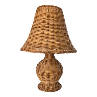 Vintage Wicker Table Lamp and Wicker Shade For Sale