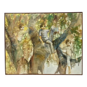 1973 Diana Harris Children & Tree Signed Oil on Canvas Painting, Framed