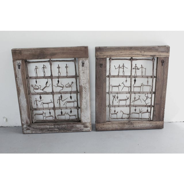 Wood Carved Two Sculptural Panels ‘Window’ With Metal Animals & Figures For Sale - Image 4 of 13