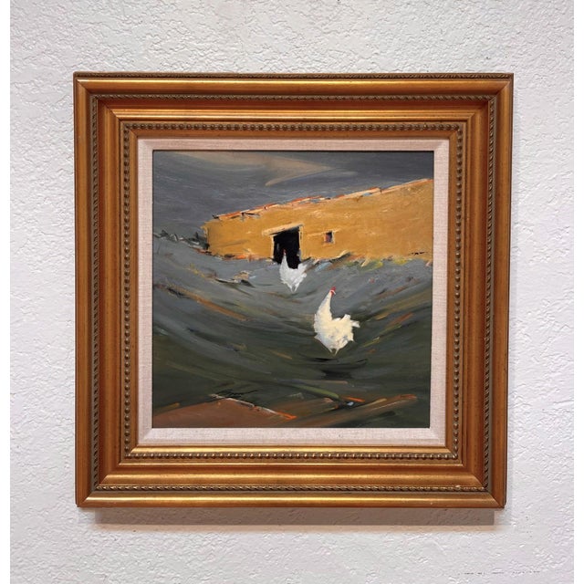 This oil painting captures a serene yet dynamic rural scene, featuring two white chickens moving towards a simple, earthy...