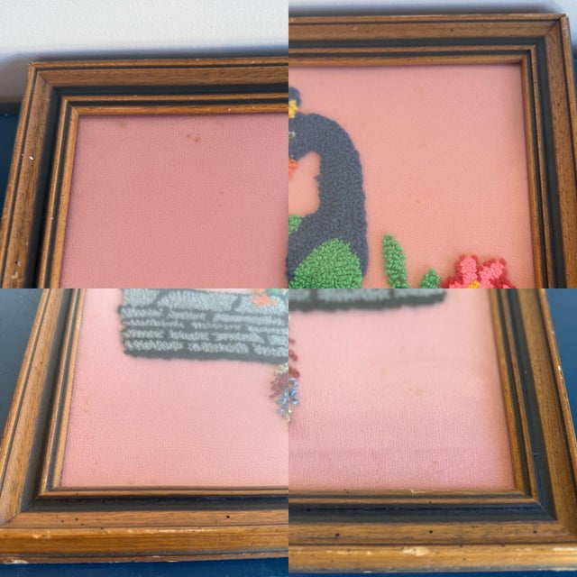 Vintage Hand-Stitched Peacock Pair in Front of Pink Flowers - Loop Embroidery Framed Under Glass For Sale - Image 10 of 11