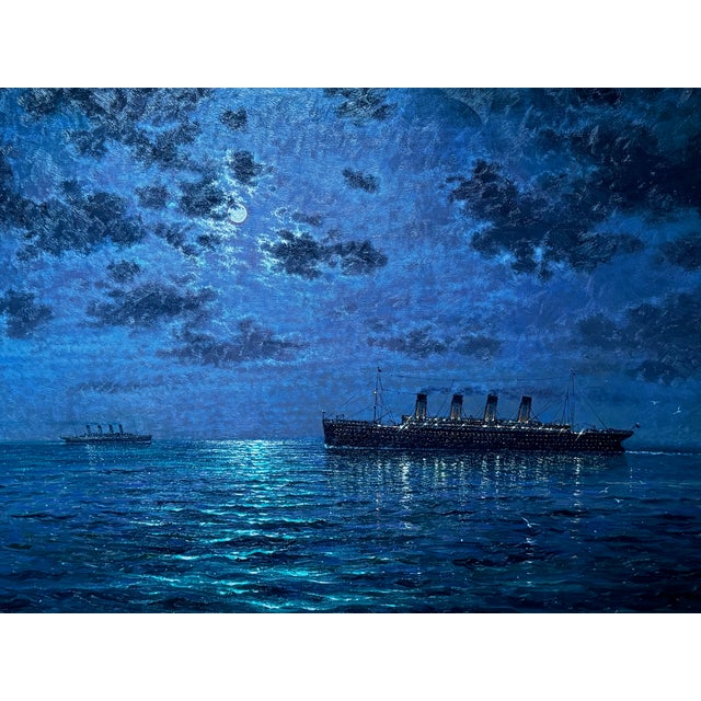 Ships That Pass in the Night” — RMS Titanic Under Moonlight with RMS Olympic on the Horizon | Large Framed Oil on Canvas |...
