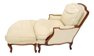 Cream Leather Chaise 2-Part Chaise Lounge Chair and Ottoman