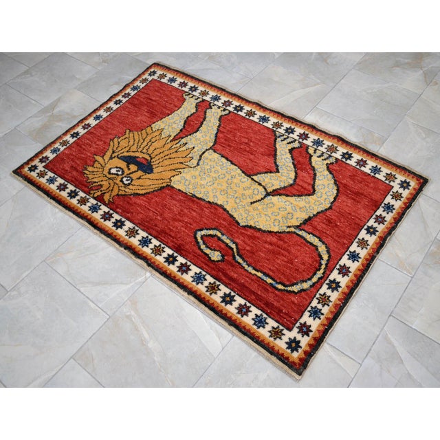 Quirky Lion Oushak Rug 3x5, Whimsical Folk Art Wool Rug, Terracotta Red Turkish Area Rug, Small Hand Knotted Leopard Rug for Entryway 3'5" X 5'1" For Sale - Image 9 of 16