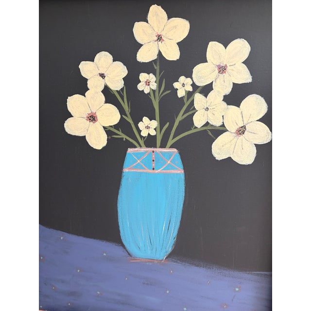 Wood Large Original Primitive Painting of Cheerful Flowers in a Blue Vase For Sale - Image 7 of 7