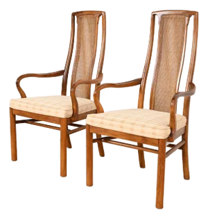 Drexel Heritage Mid-Century Modern Walnut and Cane High Back Dining Armchairs, Pair