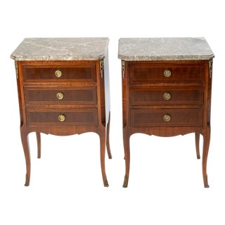 Pair of French Louis XV Style Marble Top 3 Drawer Stands For Sale