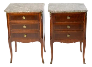 Pair of French Louis XV Style Marble Top 3 Drawer Stands