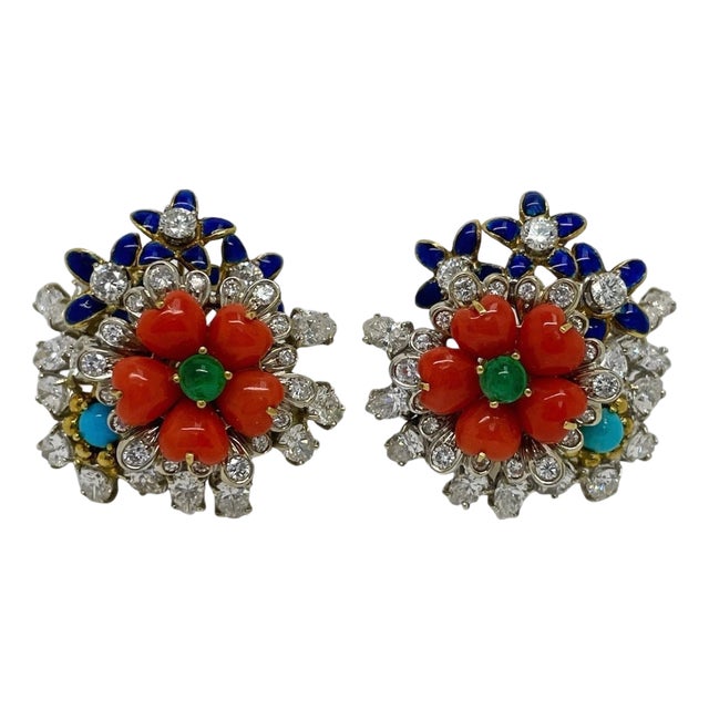 1960s Pair of Diamond, Gemstone and Enamel Flower Earrings For Sale