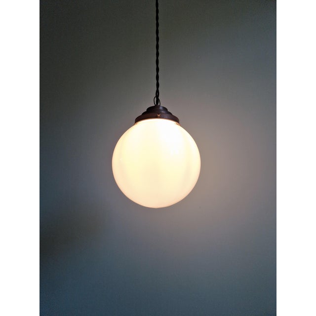 Copper Art Deco Pendant Light in White Opaline Glass from Val Saint-Lambert, Belgium, 1930s For Sale - Image 8 of 14