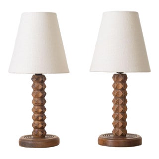 Pair French Carved Wood Lamps by Charles Dudouyt For Sale