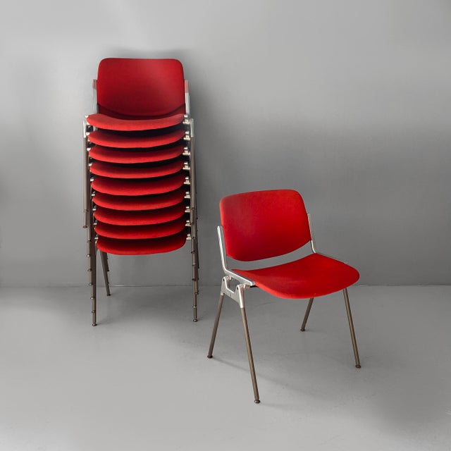 Italian modern red fabric dsc chairs giancarlo piretti anonima castelli, 1970s set of twenty-two stackable dsc chairs with...