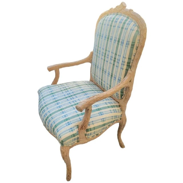 Traditional Vintage Large Faux Bois Modern Plaid Green Blue Side Accent Chair For Sale - Image 3 of 11