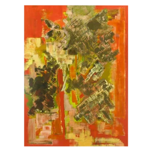 Vibrant Persimmon, Brown and Chartreuse Abstract Acrylic on Poster Board Signed