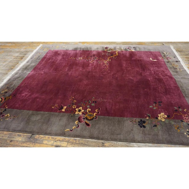1920s 1920s Purple Floral Minimalist Antique Chinese Art Deco Rug 9' X 11' 4" Knotted Wool Carpet For Sale - Image 5 of 10