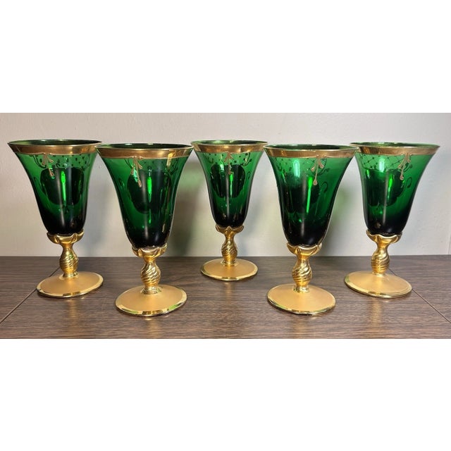 Green Vintage Venetian Tre Fuochi Gilded Emerald Green Glass Decanter and 5 Goblets For Sale - Image 8 of 10