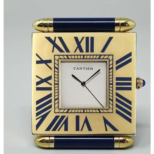 Art Deco Vintage Cartier Folding Travel Desk Clock Paris Gilt-Brass and Blue Enamel 1990 For Sale - Image 3 of 18