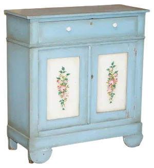 Antique French Hand Painted Duck Blue Pine Kitchen Sideboard Buffet, 1880s
