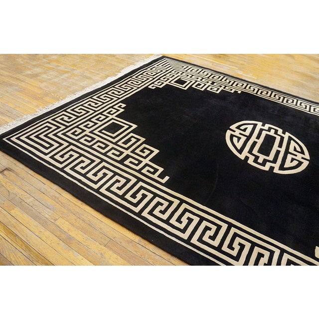 Glamorous Black Ground Color With White Color Greek Key Pattern Vintage Chinese Art Deco Rug For Sale In New York - Image 6 of 11