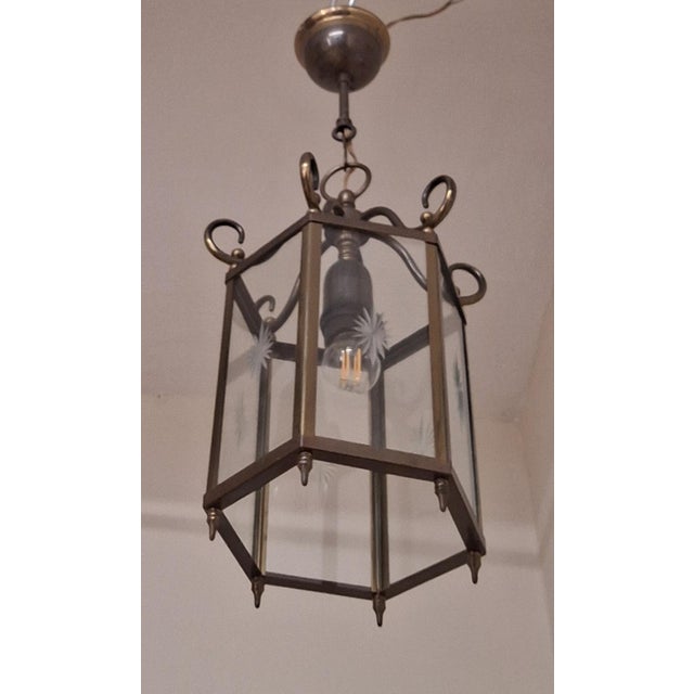 Vintage Ceiling Lamp in the Shape of Lantern with Filigree Brass Frame and Polished Discs, 1970s For Sale - Image 6 of 7