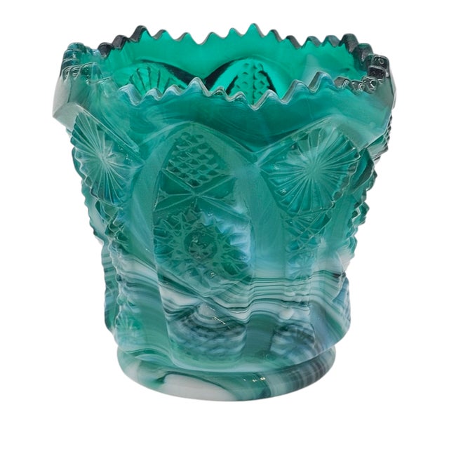 Mid-Century Imperial Jade Slag Glass Toothpick Holder With Daisy and Button Pattern For Sale - Image 4 of 7