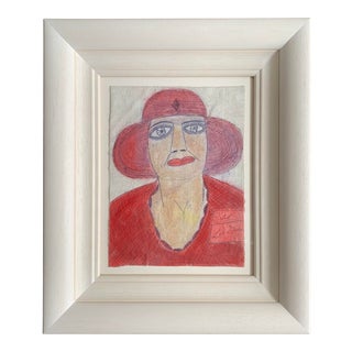 1980s "Portrait of a Woman in Red" Drawing by Lee Godie, Framed For Sale