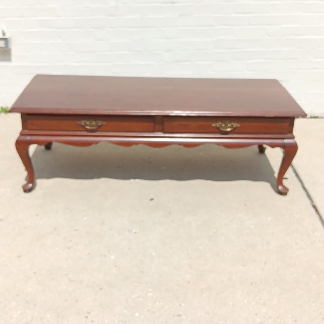 Mid-Century Modern Vintage French Country Ethan Allen Cherry Finish Coffee Table With Cabriole Legs For Sale - Image 3 of 14