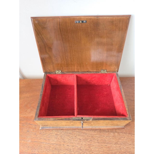 Antique Walnut Marquetry Jewelry Box With Key, Burl Wood Keepsake Box, Red Velvet Lined Locking Treasure Chest, Desk Box For Sale - Image 16 of 16