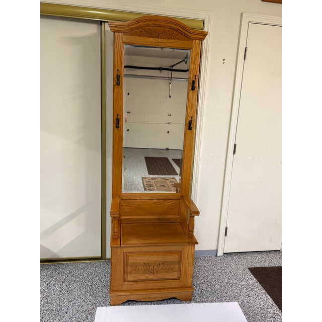 Vintage Tradional Oak Hall Tree With Mirror and Storage Bench For Sale In Boise - Image 6 of 6