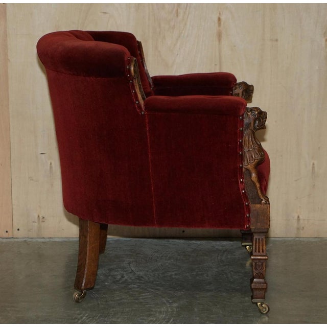 Regency Lions Head Carved Oak Armchair with Oxblood Velour Upholstery, 1810s For Sale - Image 14 of 17