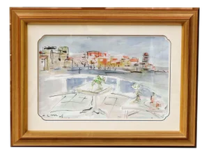 Amadeu Casals, Landscape Composition Drawing, Watercolor on Paper, Framed