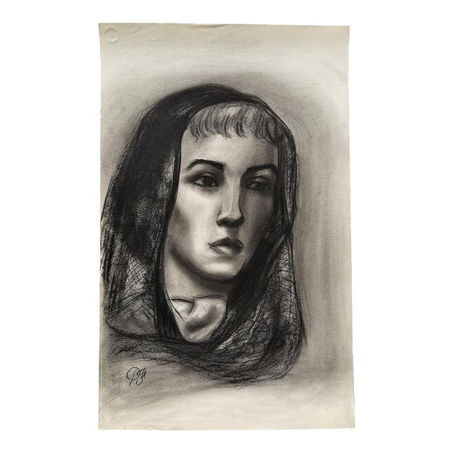 Donna Foreman Hopper Charcoal Portrait of a Woman in a Sheer Headscarf - MCM For Sale