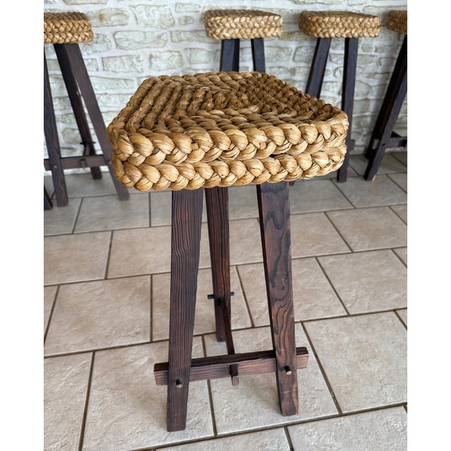 Wood Set of 6 Vintage French Wood and Hemp Bar Stools Attributed to Adrien Audoux and Frida Minet For Sale - Image 7 of 18