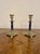 Unusual quality pair of antique Victorian brass & porcelain candlesticks, having a quality ornate brass top above a square...