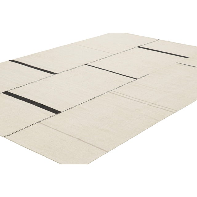Rug & Kilim Rug & Kilim’s Contemporary Kilim, White and Black Textural Stripes, Taupe Accent For Sale - Image 4 of 7