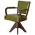 Elegant French Art Deco–style swivel chair featuring olive green leather upholstery, gracefully curved hardwood arms, and...
