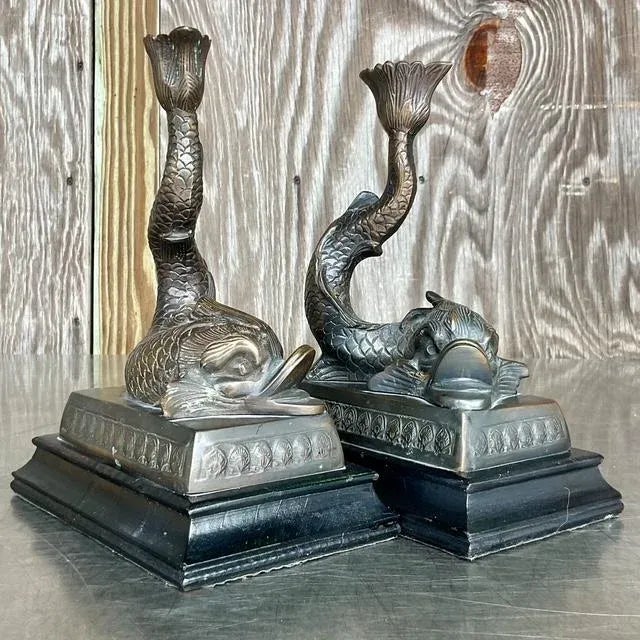 Late 20th Century Vintage Regency Cast Dolphin Candlesticks - A Pair For Sale - Image 5 of 10