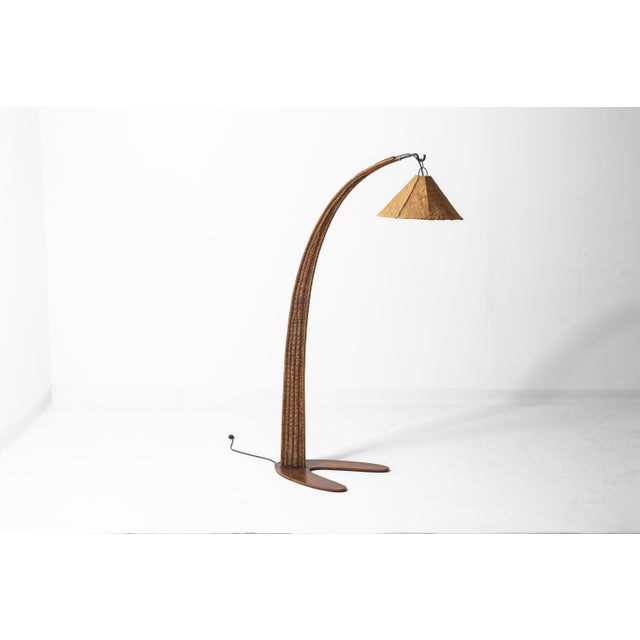 Italian Wood Arc Floor Lamp with Rattan Shade, 1970s For Sale - Image 11 of 18