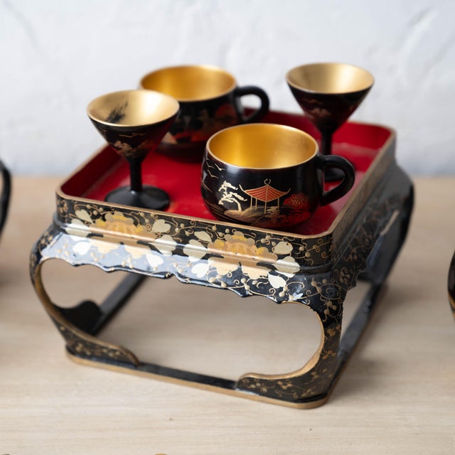 Paint Miniature Japanese Maki-E Lacquer Sake Sets, c.1960 For Sale - Image 7 of 14