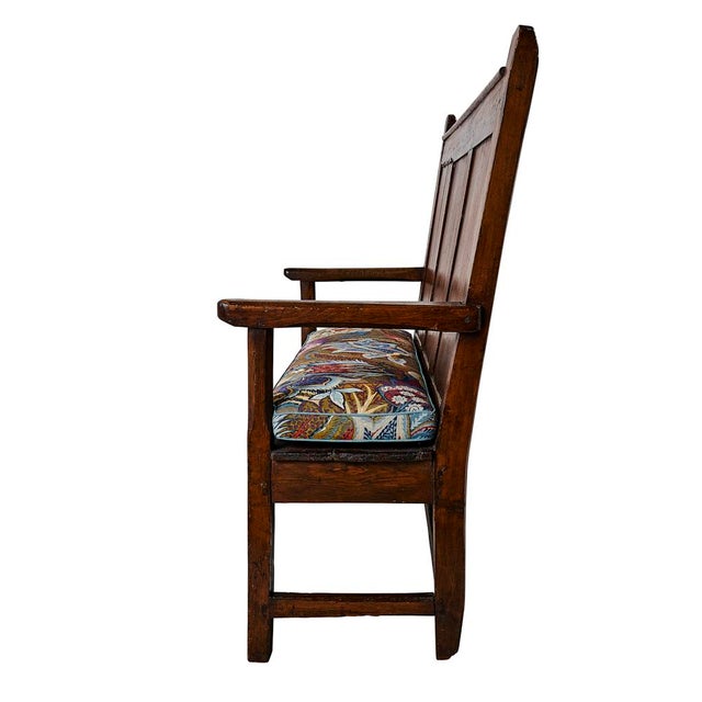 Contemporary 19th Century Wood Bench with Schumacher Zanzibar Linen Print Cushion For Sale - Image 3 of 13