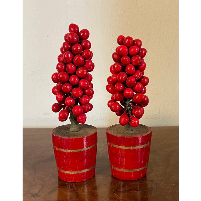 Wood Antique Early 20th Century German Christmas Ornaments Paint Decorated and Carved Wood Red Berry Topiary Trees in Pots - a Pair For Sale - Image 7 of 8