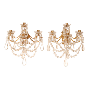 French Crystal Wall Lamps Sconces Gilt Bronze and Crystal 4 Light Wall Candelabra - A Pair