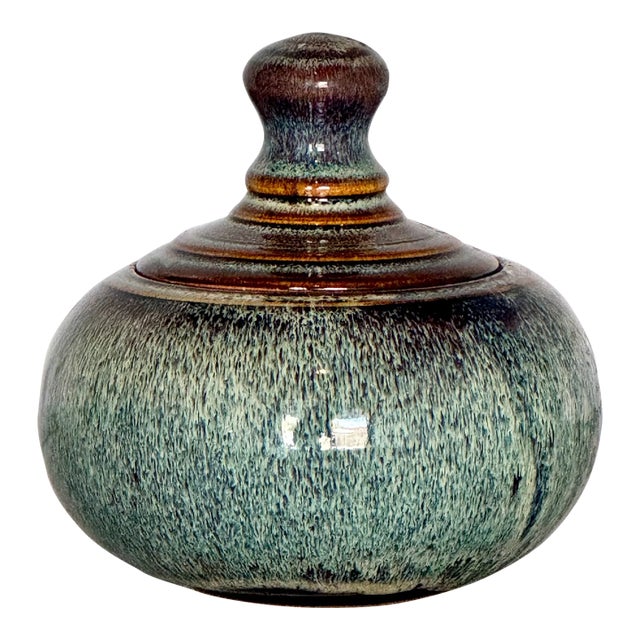 Vintage Mid-Century Jar With Blue Speckled Glazing For Sale