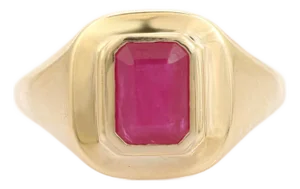 14k Gold Signet Ring With Bezel Set Ruby Gemstone Size 7