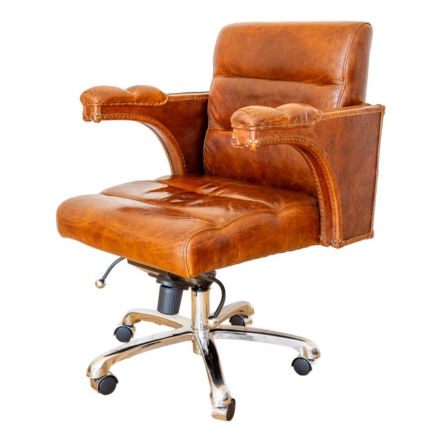 Vintage Executive Desk Chair Office in Tan Leather with Tilt Swivel Height Adjustable by Timothy Oulton for Halo For Sale