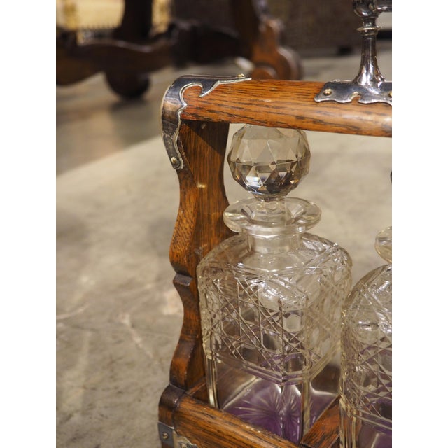 19th Century 3-Bottle English Oak and Silver Plated Locking Decanter Set For Sale - Image 12 of 18
