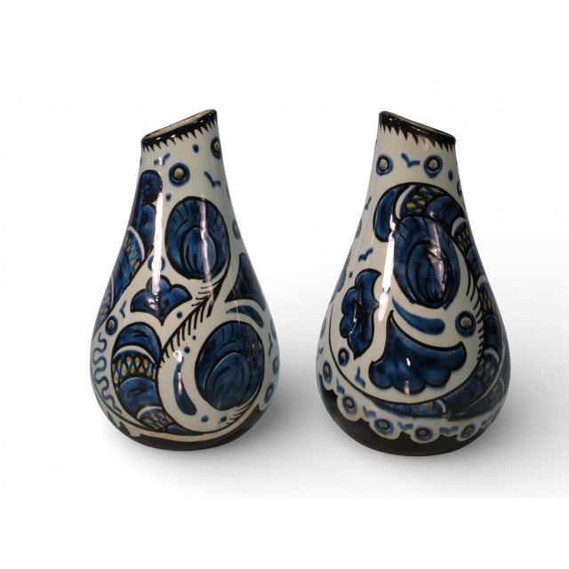1950s Pair Vases Gouda Pottery Bleu Du Paris, Royal Zuid Holland MCM For Sale - Image 6 of 11