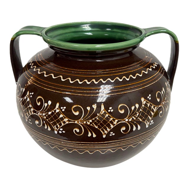 Hungarian Folk Art Double-Handled Pottery Vessel, Vintage For Sale