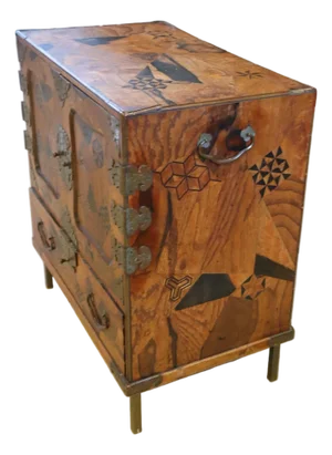 Wonderful Raised Japanese Cabinet Crafted With Geometrically Intricate Inlayed Wood and Hand Wrought Hardware