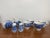 Vintage Liberty Blue Historic Colonial Scenes Betsy Ross lot made in England. Includes four cups, creamer, open sugar bowl...